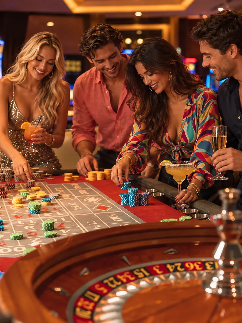 Ruleta americana – Casino Dominic Amigos alrededor de la rueda de la ruleta americana en Casino Dominic, Cap Cana