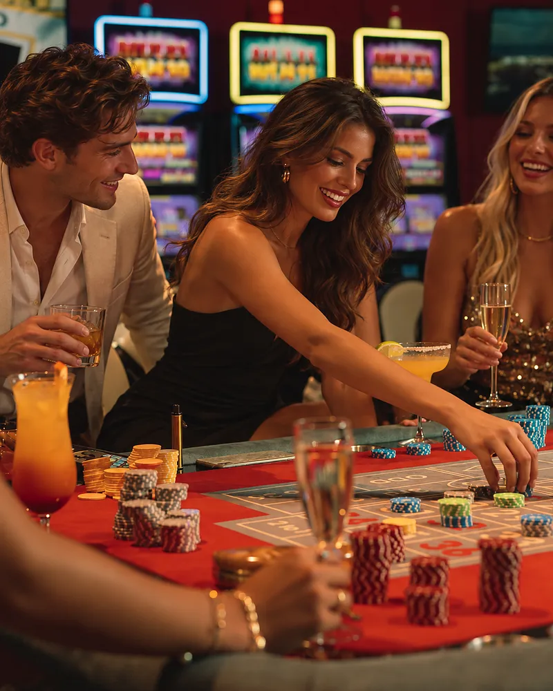 Noche de ruleta en Casino Dominic Amigos brindando en la mesa de ruleta americana de Casino Dominic, Cap Cana