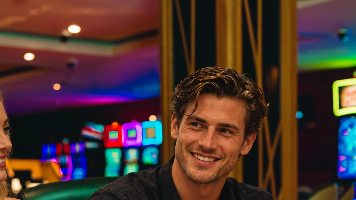 Jugador con sus cartas en la mesa de póker, Casino Dominic